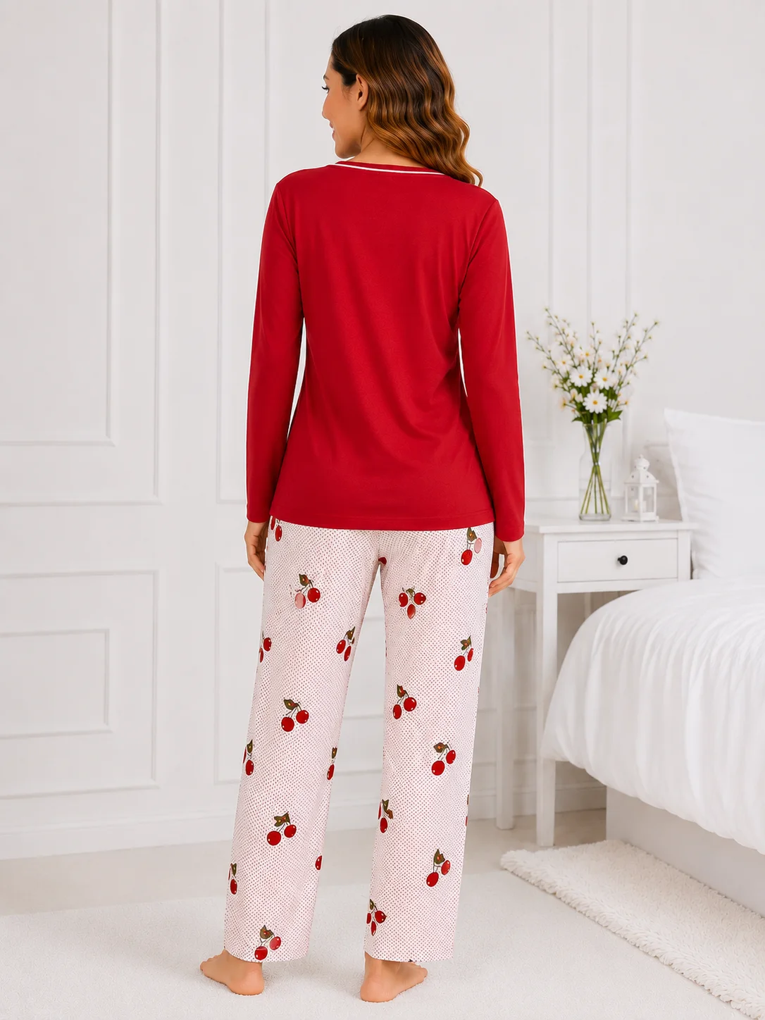 Pijama damă, bluză cu mânecă lungă și pantaloni imprimeu cirese-Rosu
