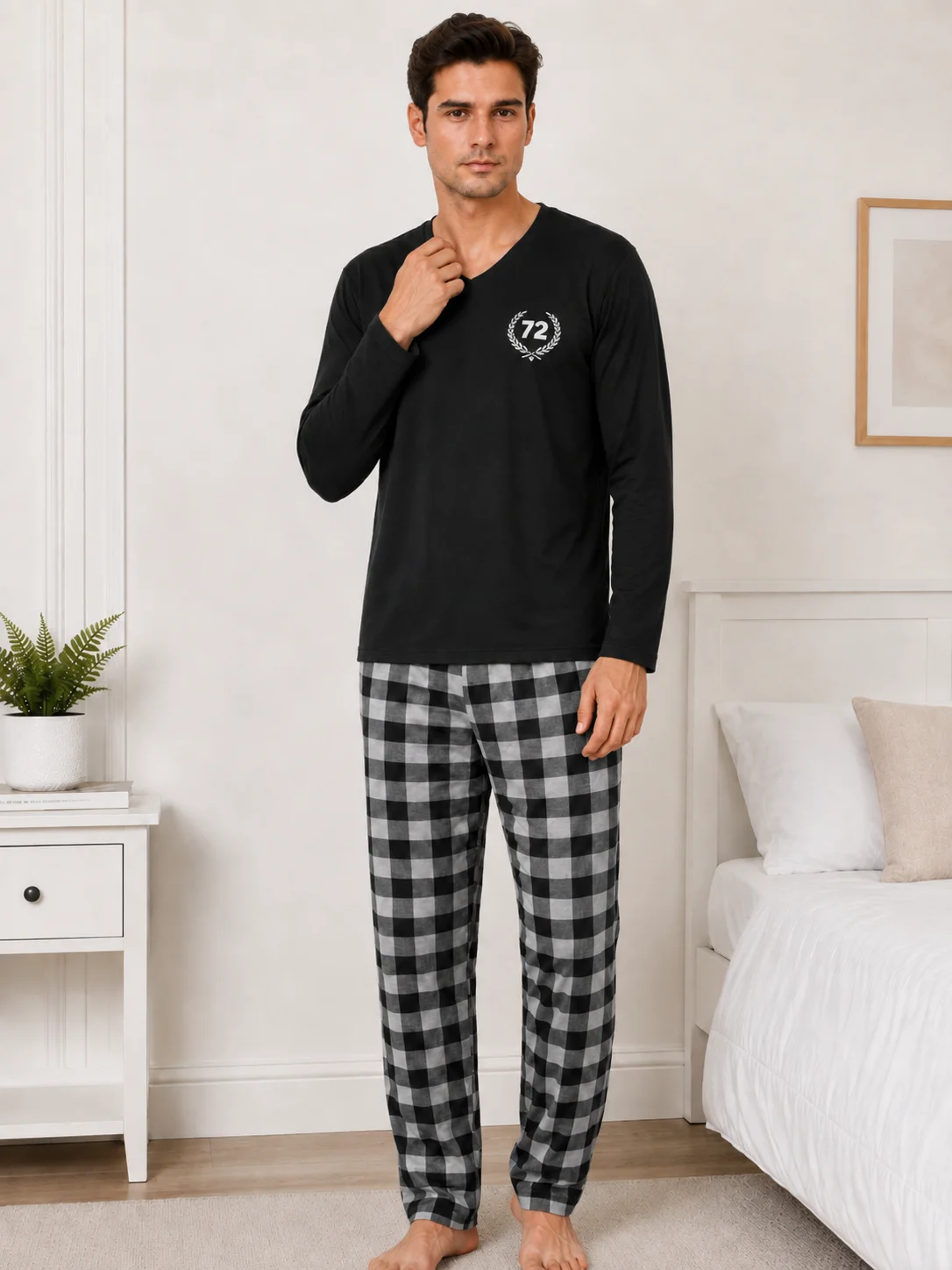Pijama Barbati cu Maneca Lunga si Imprimeu Carouri-Negru