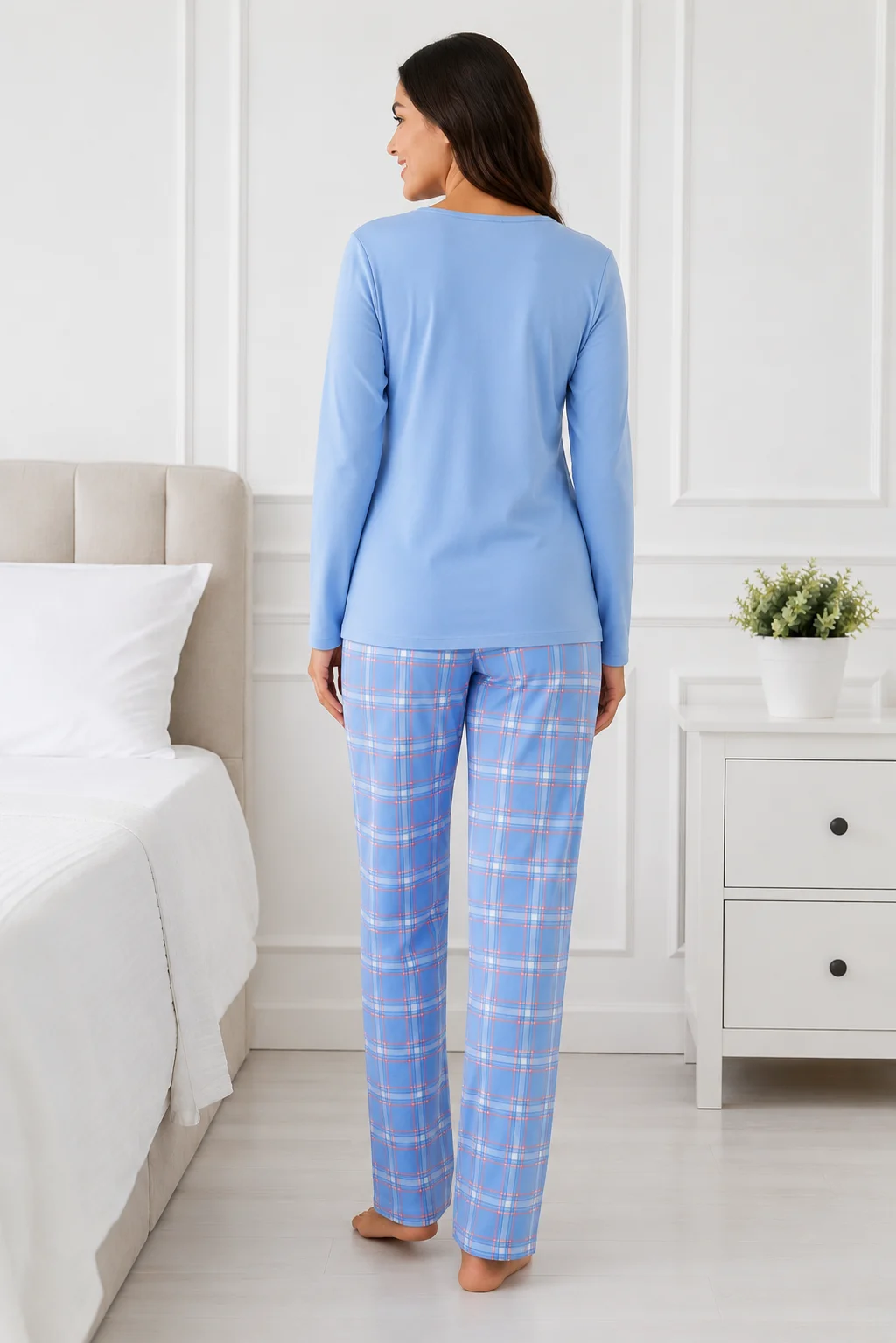 Pijama de damă pastel cu bluză și pantaloni în carouri-Albastru — imagine 4