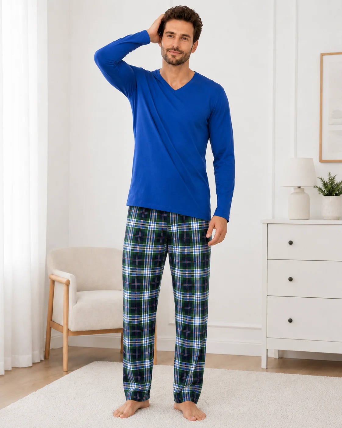 Pijama Barbati cu Maneca Lunga si Pantaloni in Carouri -Albastru — imagine 3