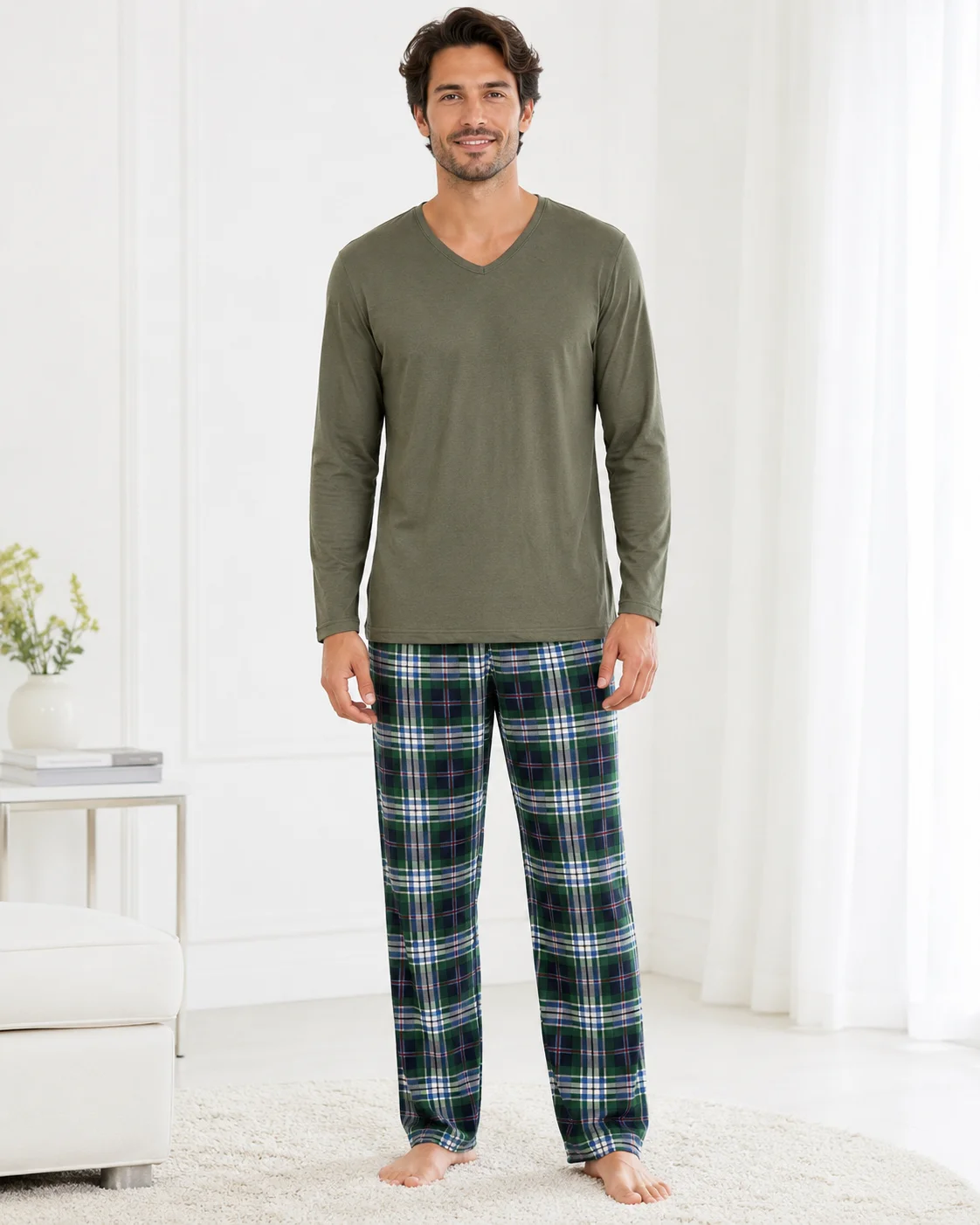 Pijama Barbati cu Maneca Lunga si Pantaloni in Carouri -Kaki