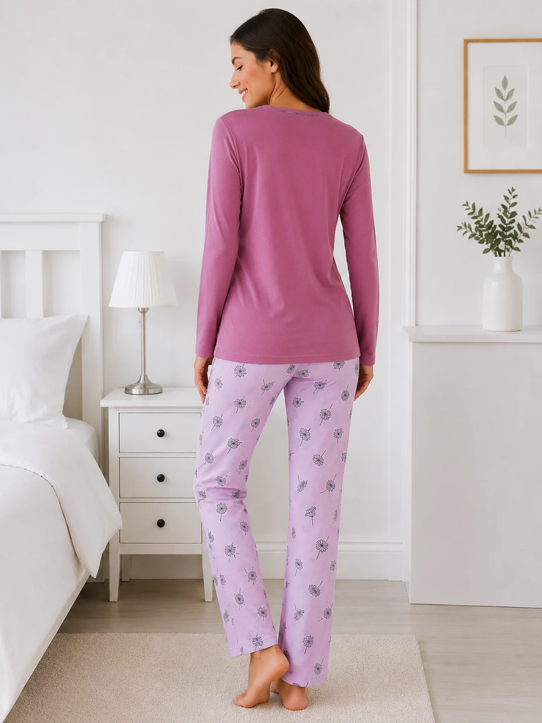 Pijama de Damă cu Imprimeu Florale și Pantaloni Asortaț-Mov — imagine 4