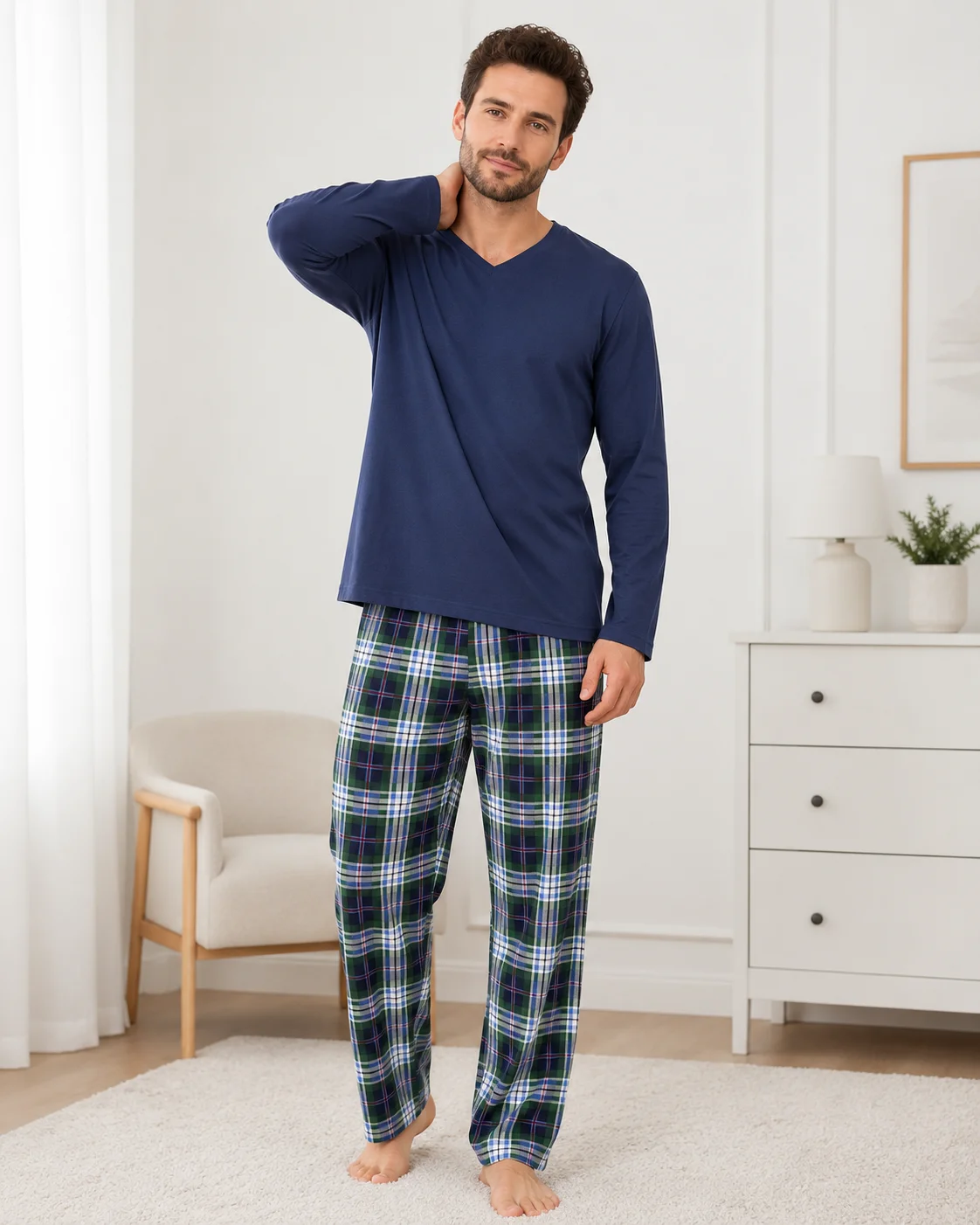 Pijama Barbati cu Maneca Lunga si Pantaloni in Carouri -Bleumarin