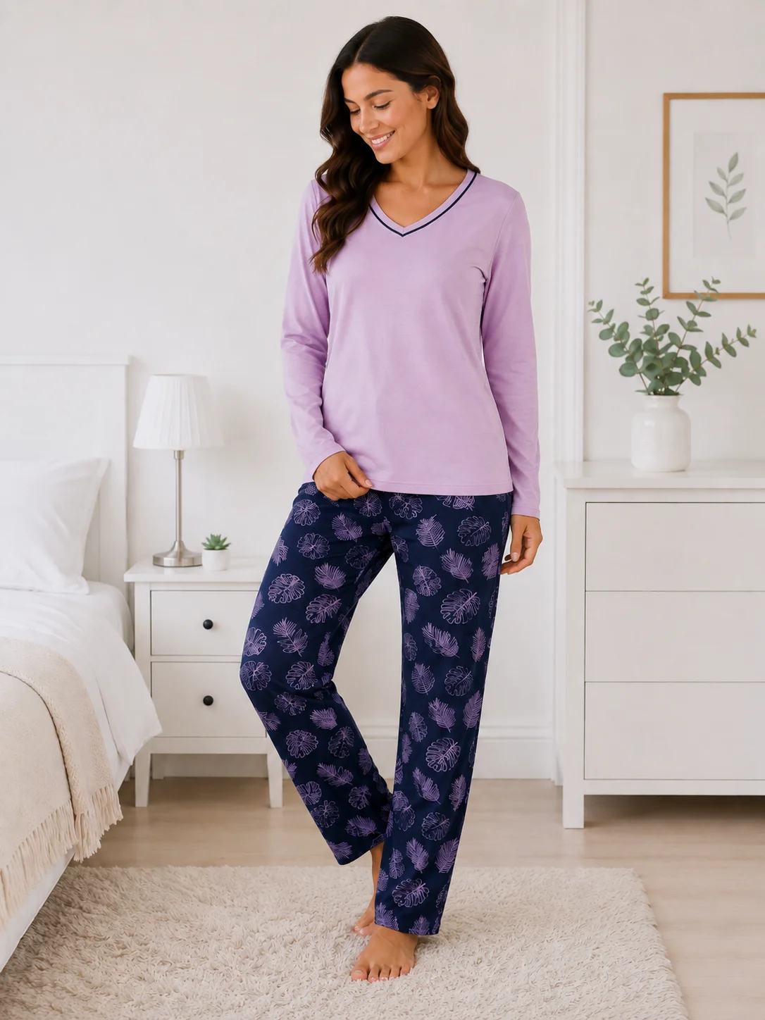 Pijamale dama, Bluză și Pantalon cu Imprimeu Frunze- Lila — imagine 2