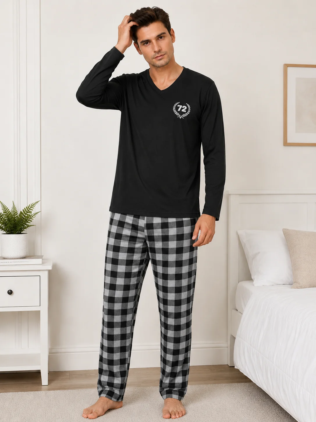 Pijama Barbati cu Maneca Lunga si Imprimeu Carouri-Negru — imagine 1