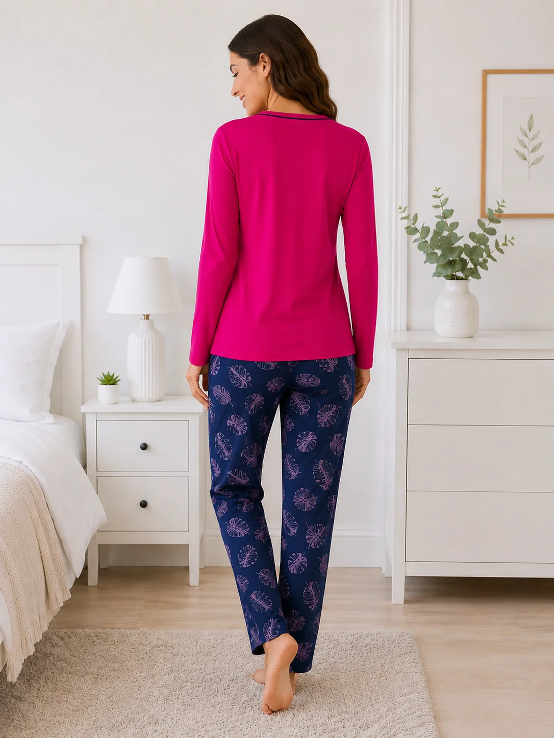 Pijamale dama, Bluză și Pantalon cu Imprimeu Frunze- Fucsia — imagine 4