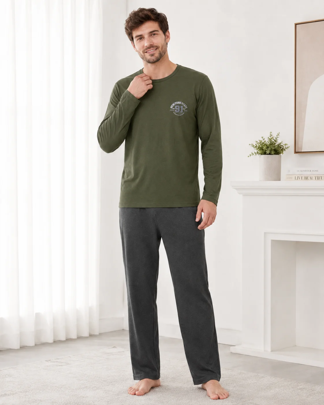 Pijama Barbati cu Maneca Lunga si Pantaloni Gri Inchis-Verde — imagine 3