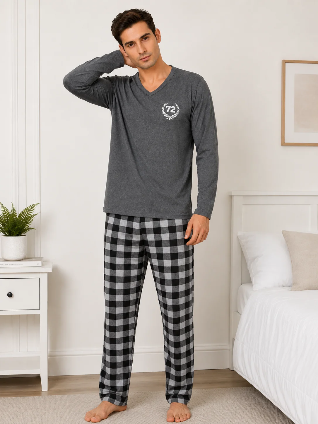 Pijama Barbati cu Maneca Lunga si Imprimeu Carouri-Gri — imagine 3