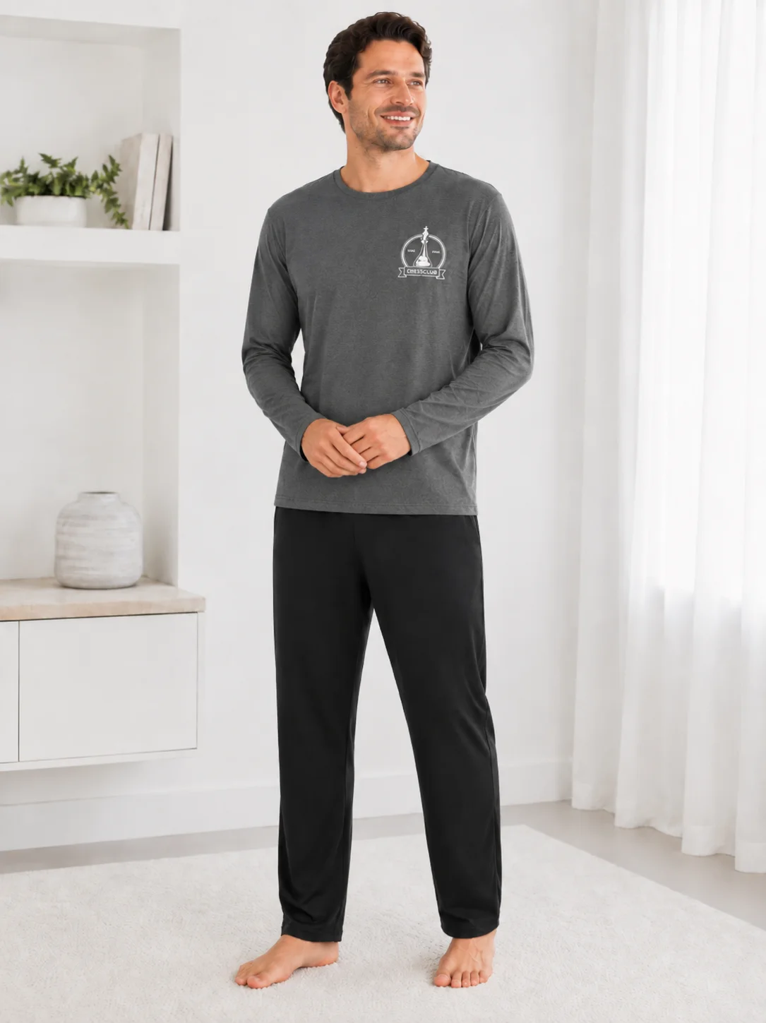 Pijama Barbati cu Maneca Lunga si Pantaloni Negri Simpli-Gri — imagine 1