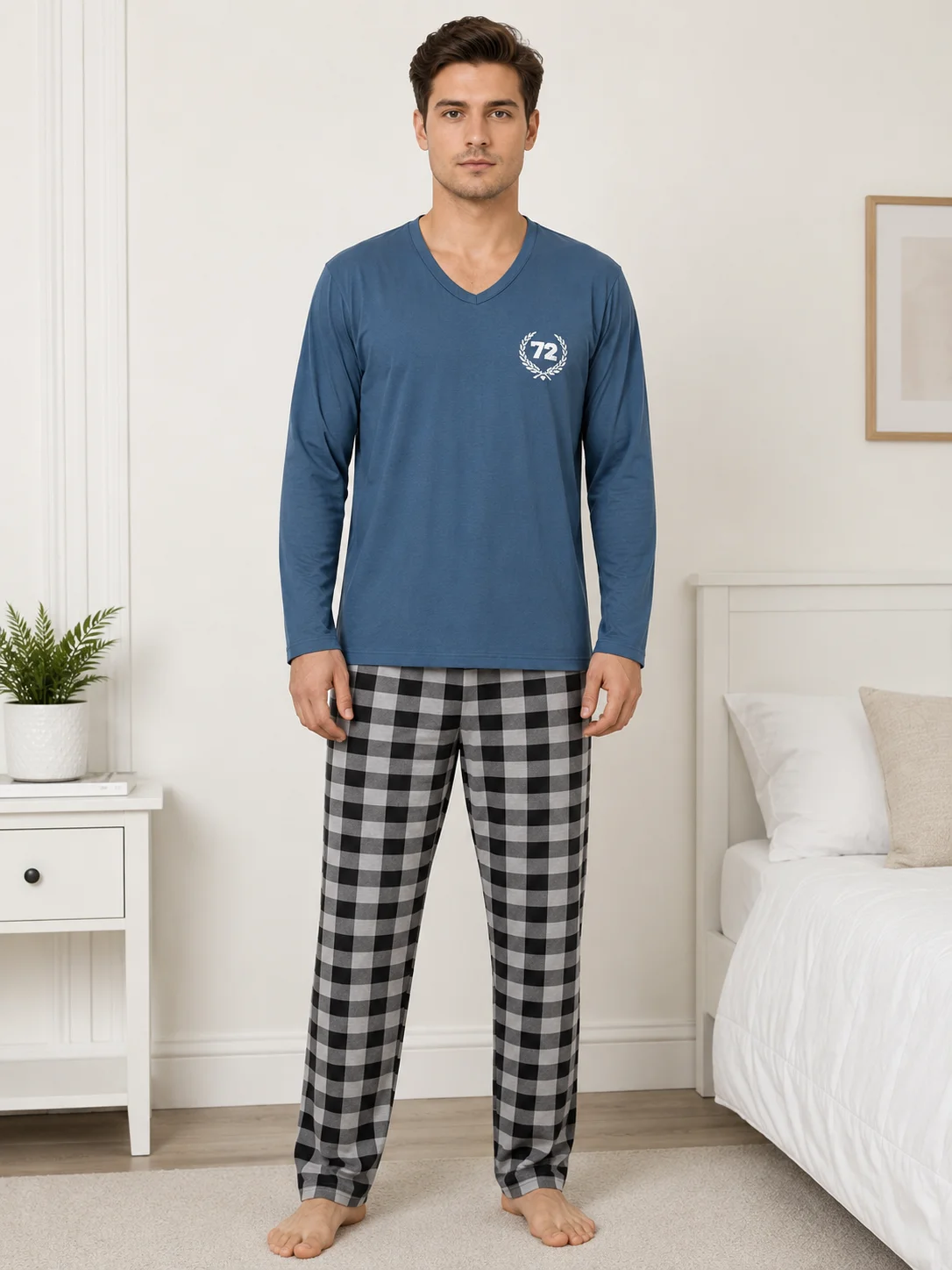 Pijama Barbati cu Maneca Lunga si Imprimeu Carouri-Albastru — imagine 2
