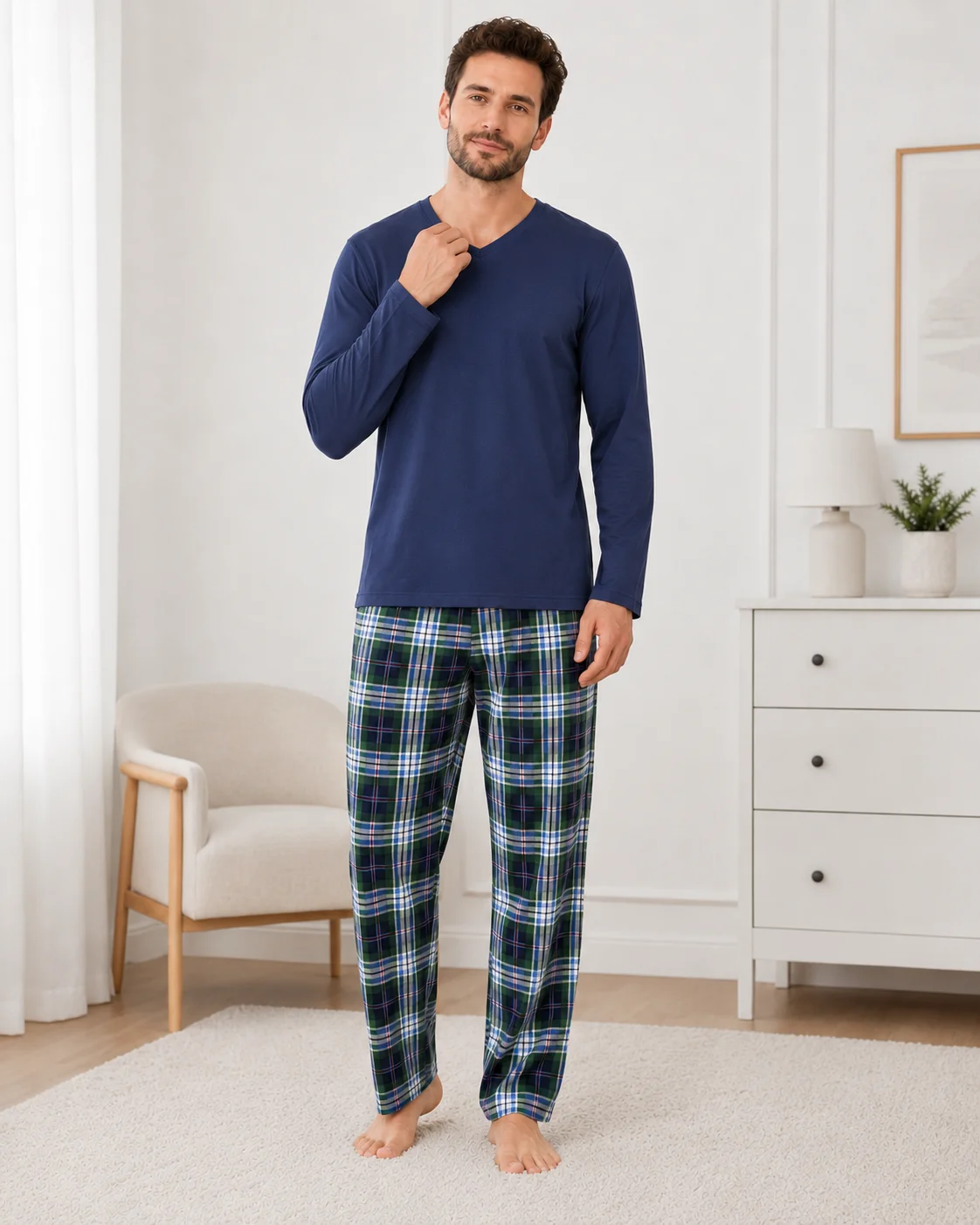 Pijama Barbati cu Maneca Lunga si Pantaloni in Carouri -Bleumarin — imagine 3