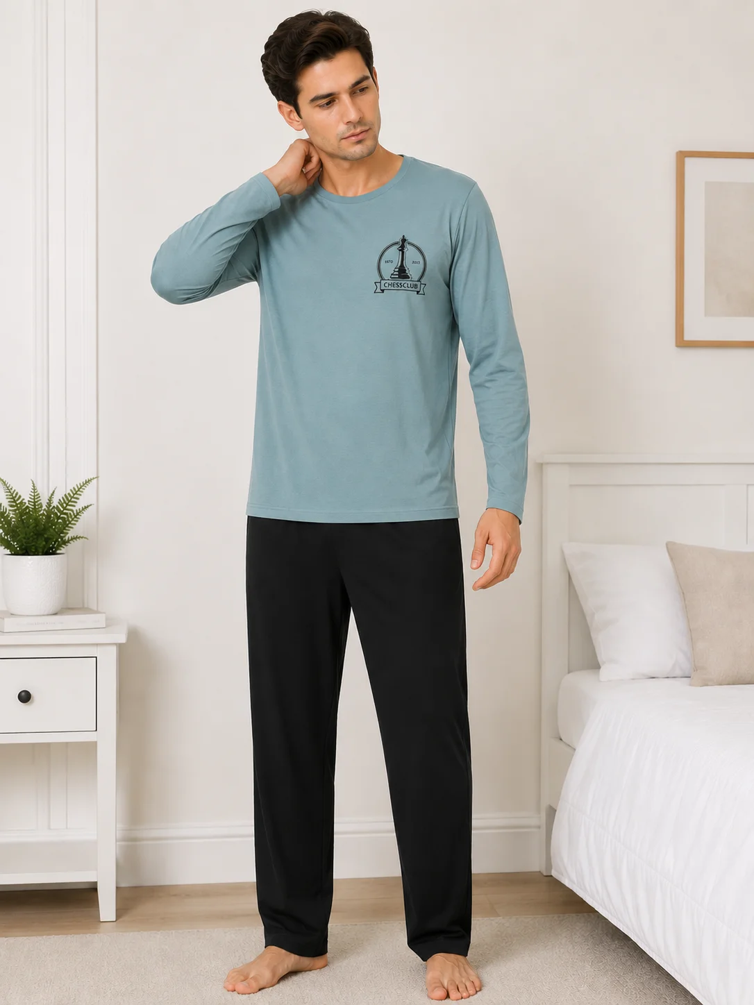 Pijama Barbati cu Maneca Lunga si Pantaloni Negri Simpli-Albastru deschis — imagine 3