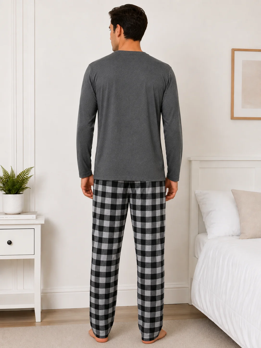 Pijama Barbati cu Maneca Lunga si Imprimeu Carouri-Gri — imagine 4