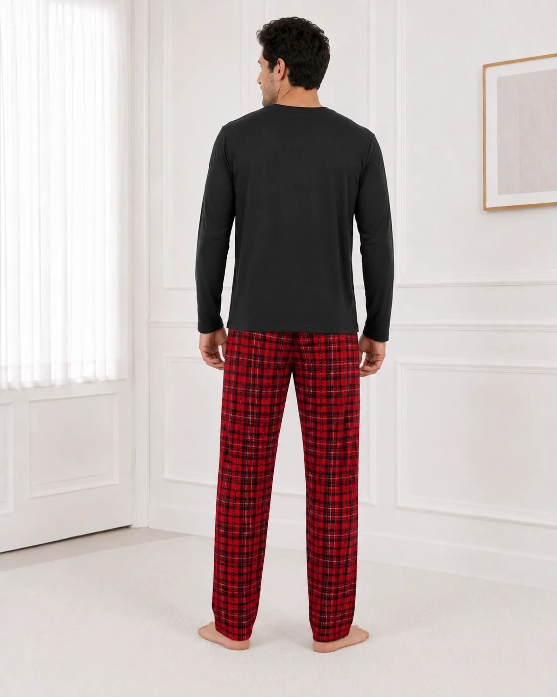 Pijama Barbati cu Maneca Lunga si Pantaloni in Carouri Rosi-Negru