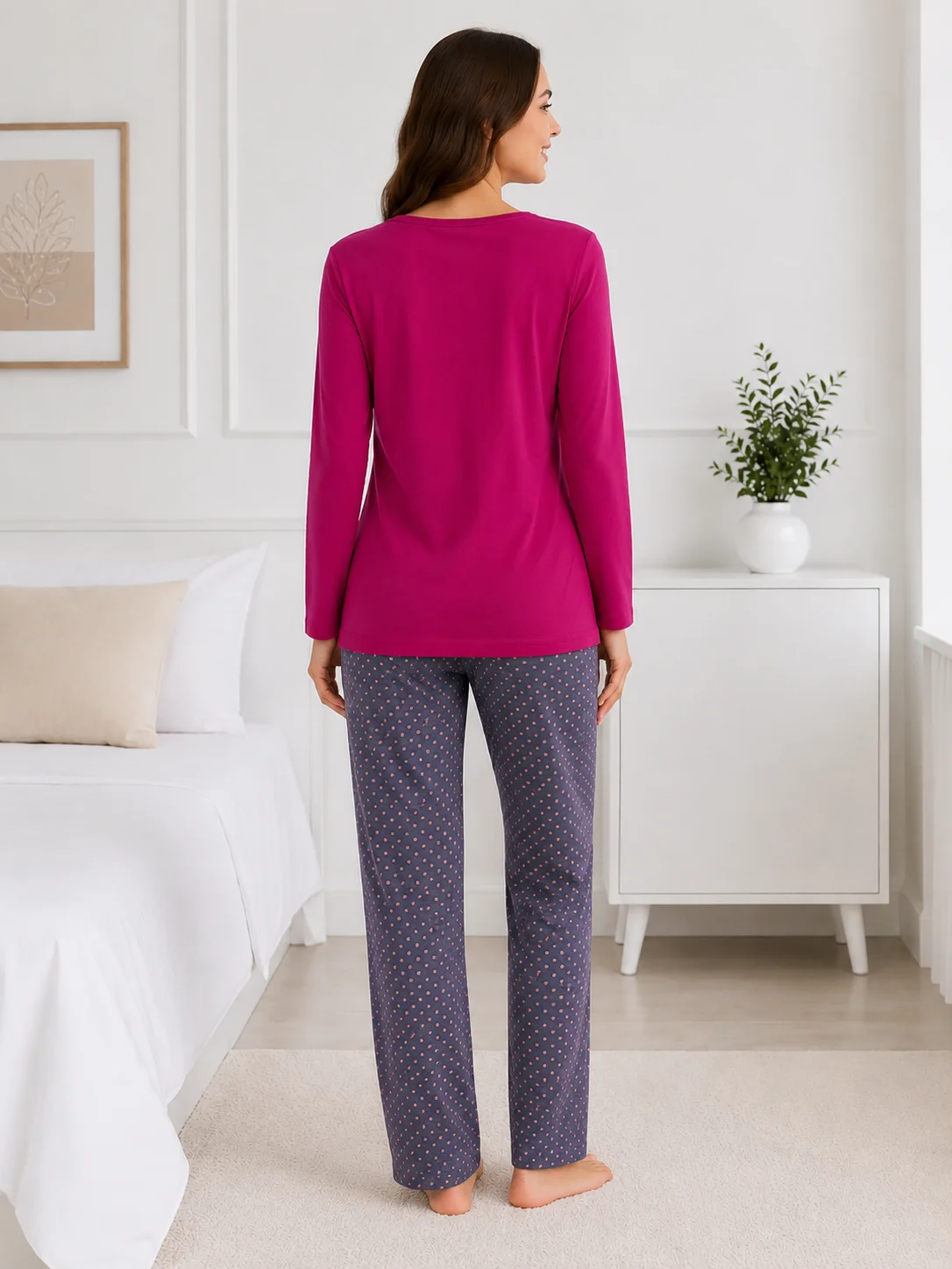Pijama de Damă cu Bluză și Pantalon Gri cu Imprimeu cu Puncte-Fucsia — imagine 4