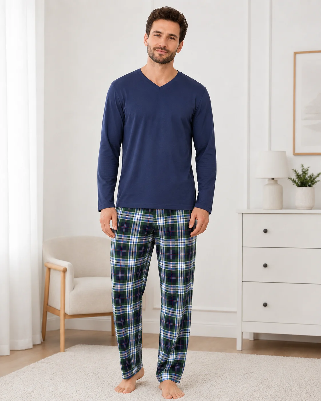 Pijama Barbati cu Maneca Lunga si Pantaloni in Carouri -Bleumarin — imagine 2