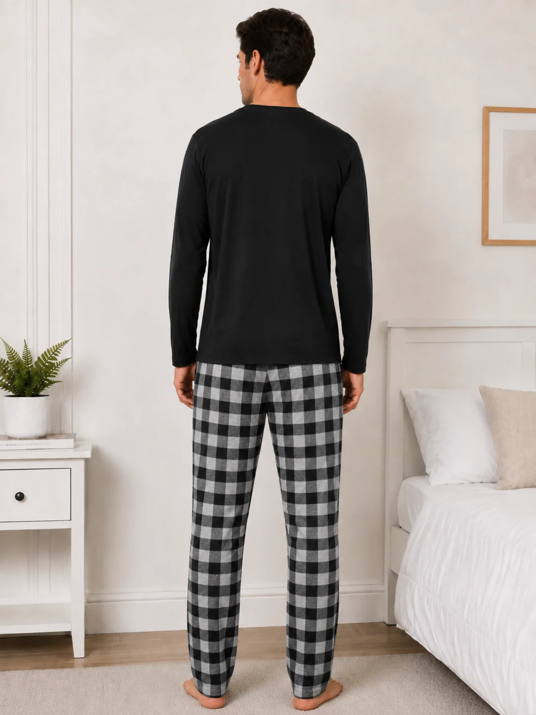 Pijama Barbati cu Maneca Lunga si Imprimeu Carouri-Negru — imagine 4