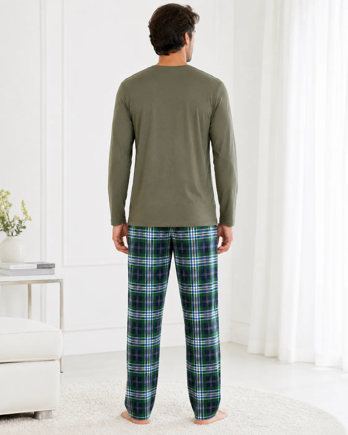 Pijama Barbati cu Maneca Lunga si Pantaloni in Carouri -Kaki