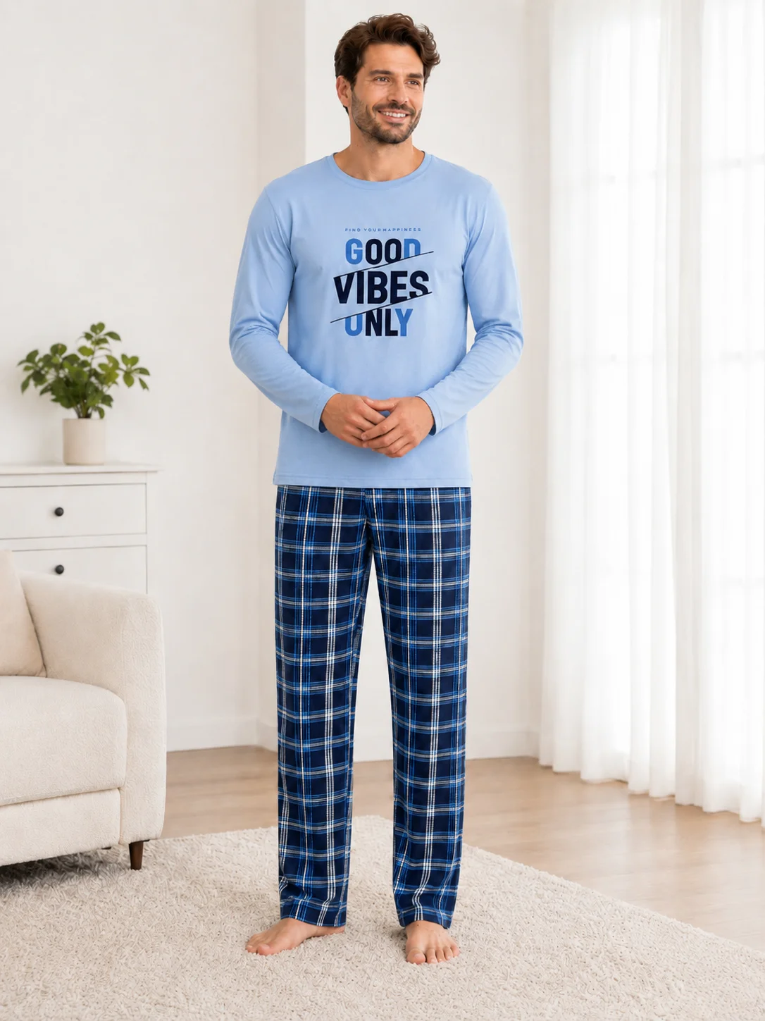 Pijama Barbati Bluză Good Vibes si Pantaloni in Carouri-Bleu — imagine 3