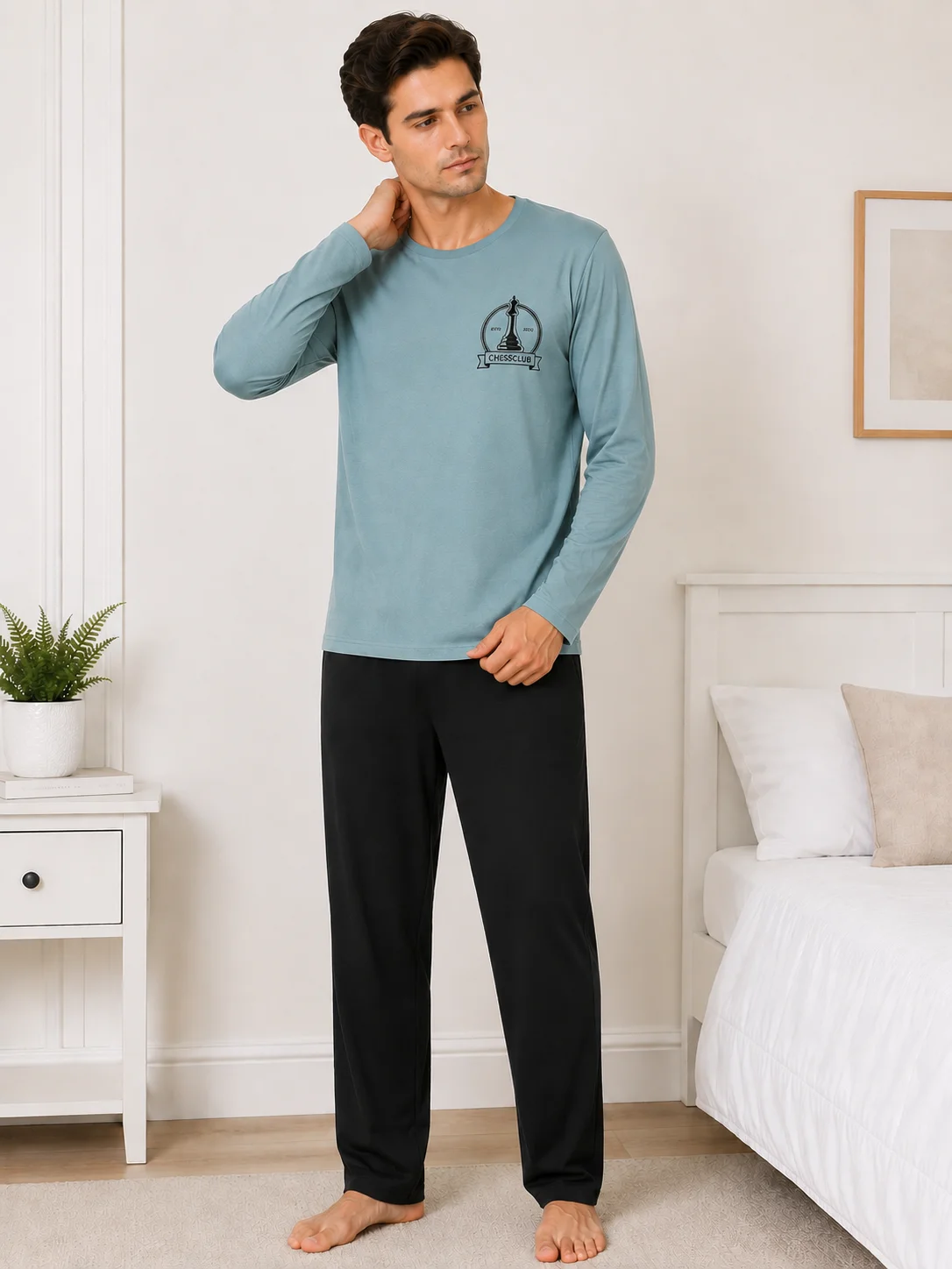 Pijama Barbati cu Maneca Lunga si Pantaloni Negri Simpli-Albastru deschis