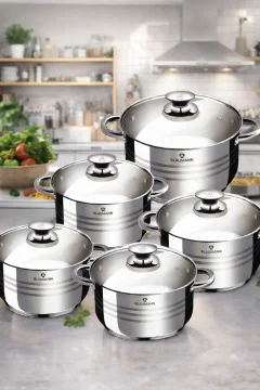 Set 5 Oale din Inox cu Capace din Sticlă Termorezistentă