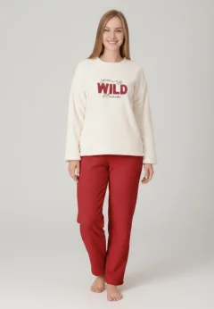 Pijamale damă cocolino alb și roșu cu imprimeu „Wild”