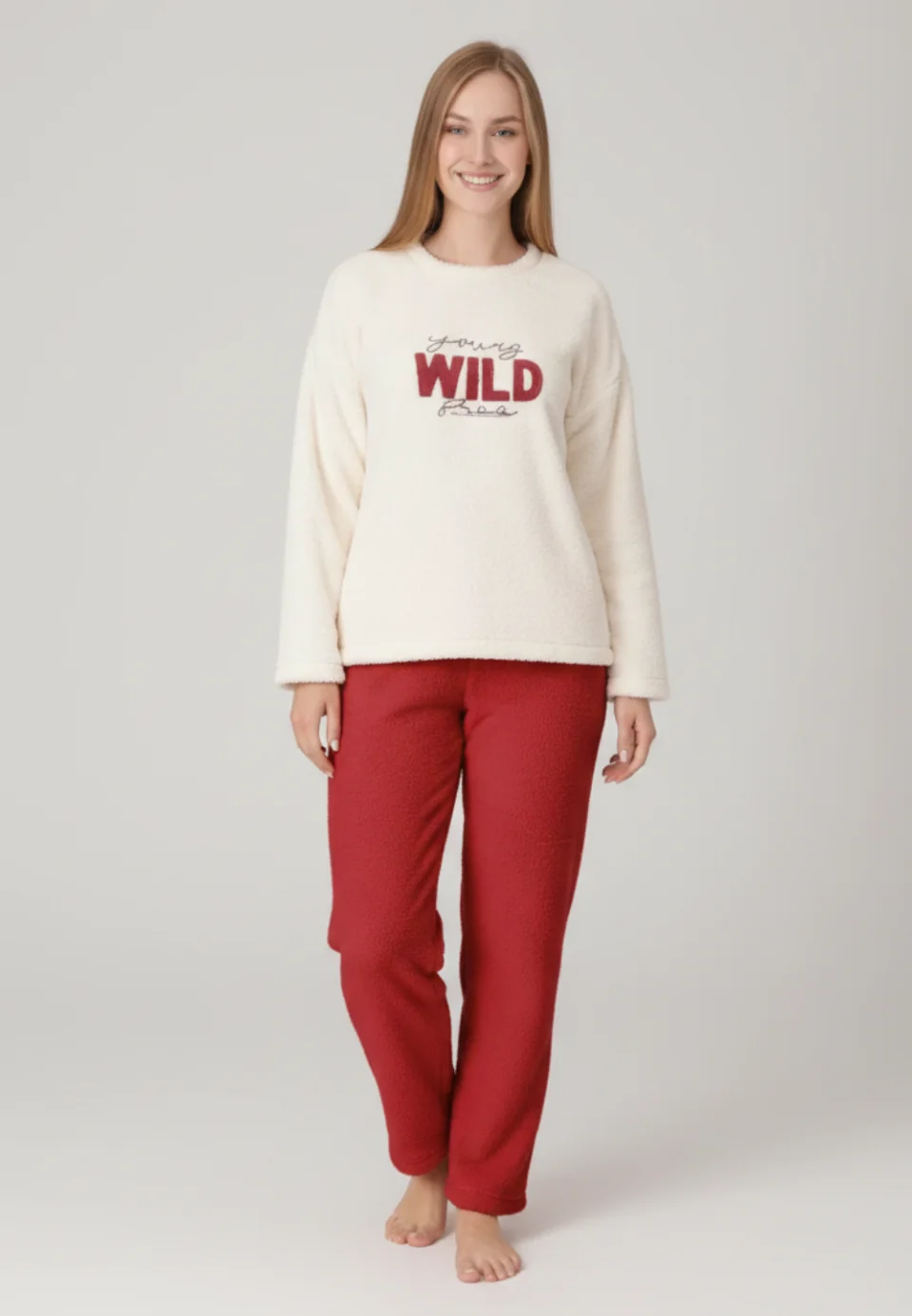 Pijamale damă cocolino alb și roșu cu imprimeu „Wild”