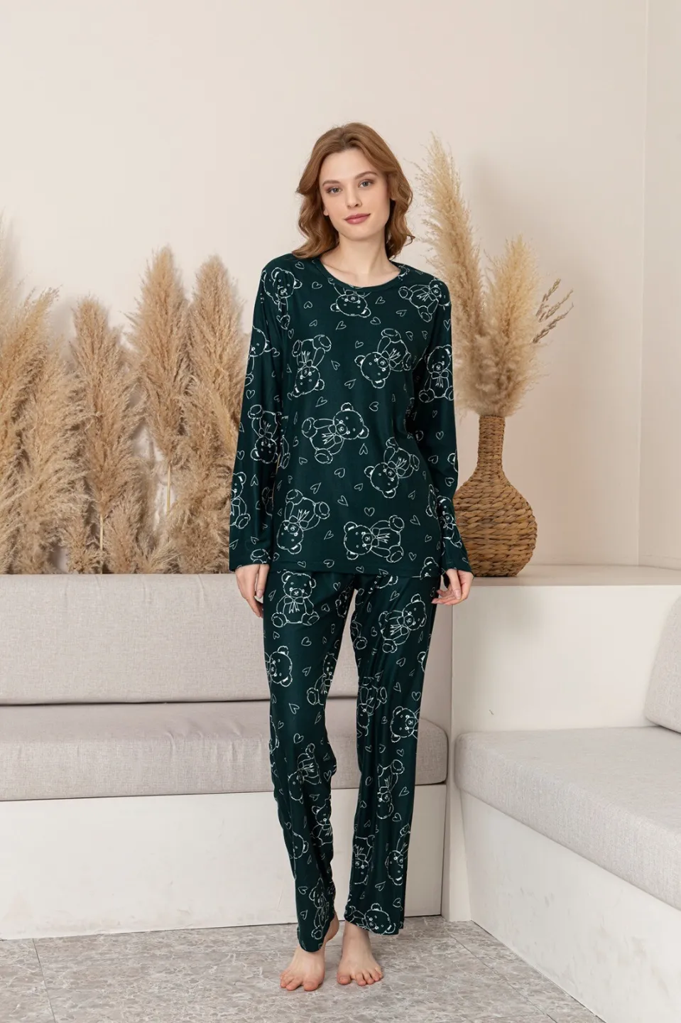 Pijama Damă Verde Închis cu Imprimeu Ursuleți – Mâneci și Pantaloni Lungi