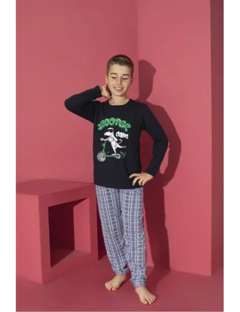 Pijama băieți cu mânecă lungă și pantaloni lungi, imprimeu Scooter, bleumarin