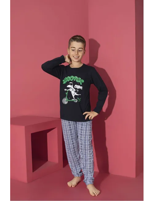 Pijama băieți cu mânecă lungă și pantaloni lungi, imprimeu Scooter, bleumarin