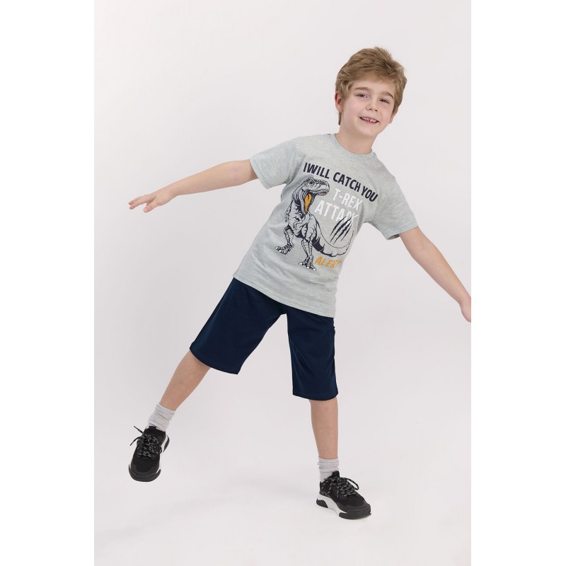 Pijama pentru băieței cu mânecă scurtă și pantaloni 3/4, model T-Rex Attack, gri