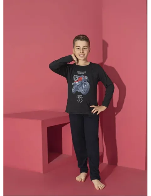 Pijama băieți cu mânecă lungă și pantaloni lungi, imprimeu motoretă, negru