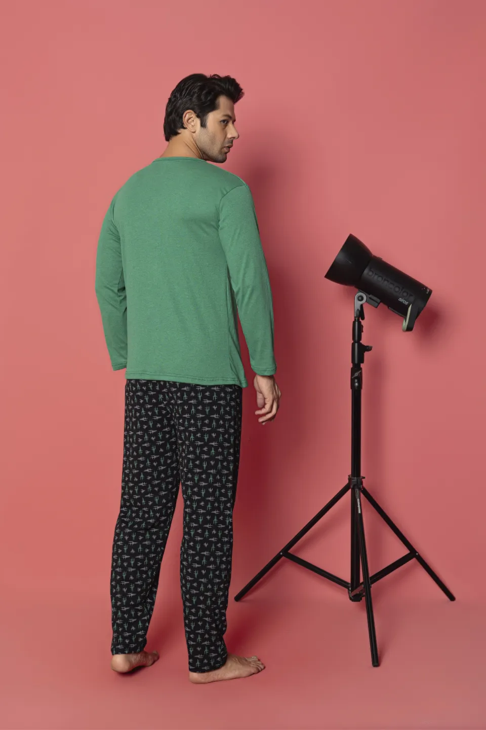 Pijama bărbați din bumbac, mânecă lungă și pantaloni lungi, Time Never Waits, verde