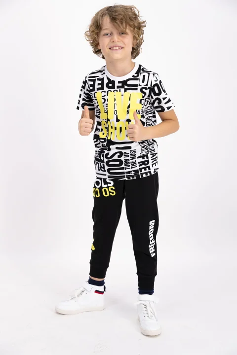 Pijama copil cu tricou și pantaloni lungi, imprimeu cifre, Alb