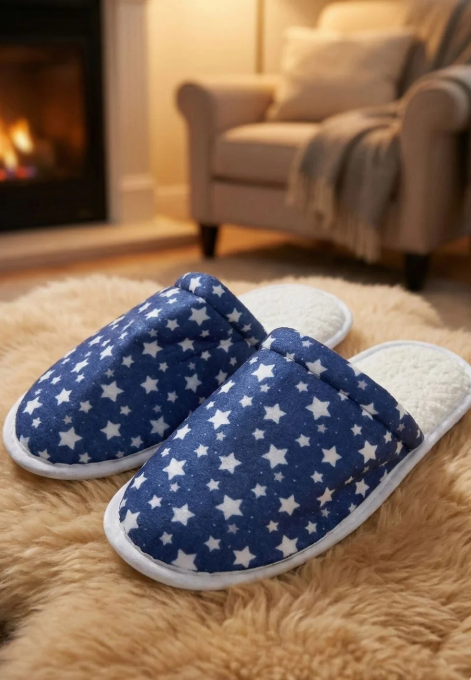 Papuci de casă damă cu puf, cu imprimeu steluțe – comozi și călduroși