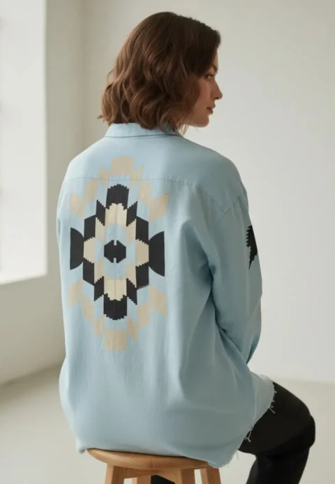 Cămașă denim damă bleu cu nasturi și imprimeu pe spate și mâneci