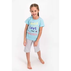 Pijama pentru fetițe Disney, bluza cu maneca scurtă și pantaloni 3/4, imprimeu Peace And Love, blue