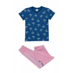 Pijama copii bumbac, bluză mânecă scurtă și pantaloni lungi, imprimeu palmieri