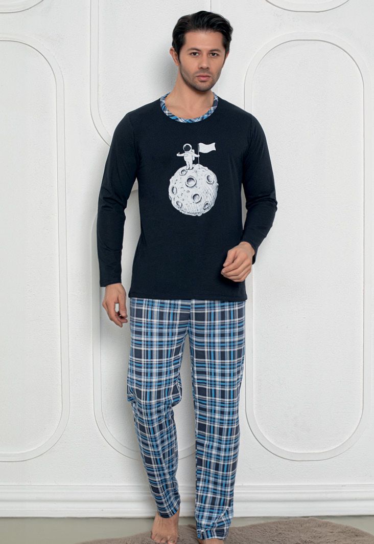 Pijama Bărbat , Mâneci Lungi și Pantaloni Lungi Asortați, Imprimeu Astronaut, Bleumarin
