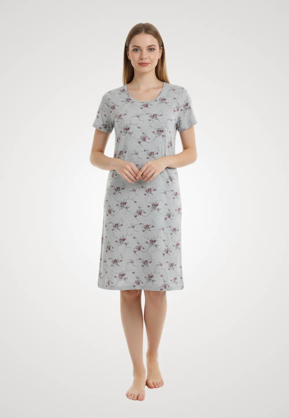 Cămașă de noapte gri cu flori si maneca scurta
