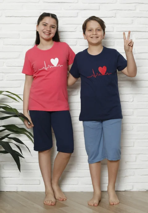 Pijama familie-copii, bumbac, mânecă scurtă și pantaloni 3/4, gri