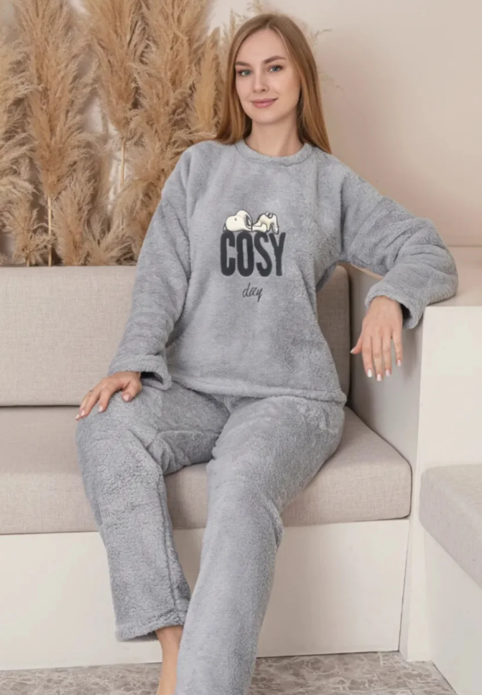 Pijamale damă cocolino gri cu imprimeu „Cosy”