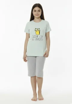 Pijama familie-copii, bumbac, mânecă scurtă și pantaloni 3/4, verde