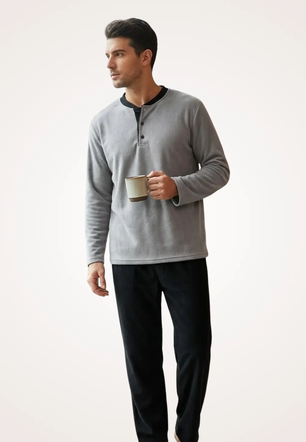 Pijamale bărbați polar gri și negru cu decolteu cu nasturi