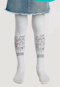 Dres fetițe Penti Young ,,Cattitude'', 50 den- mat, imprimeu jucăuș, alb