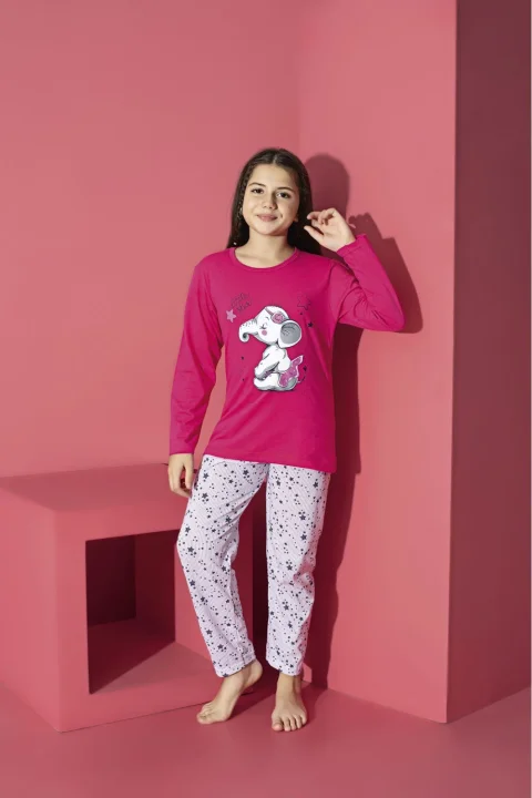 Pijama Fete, Mânecă Lungă, Imprimeu elefant, Roz Închis
