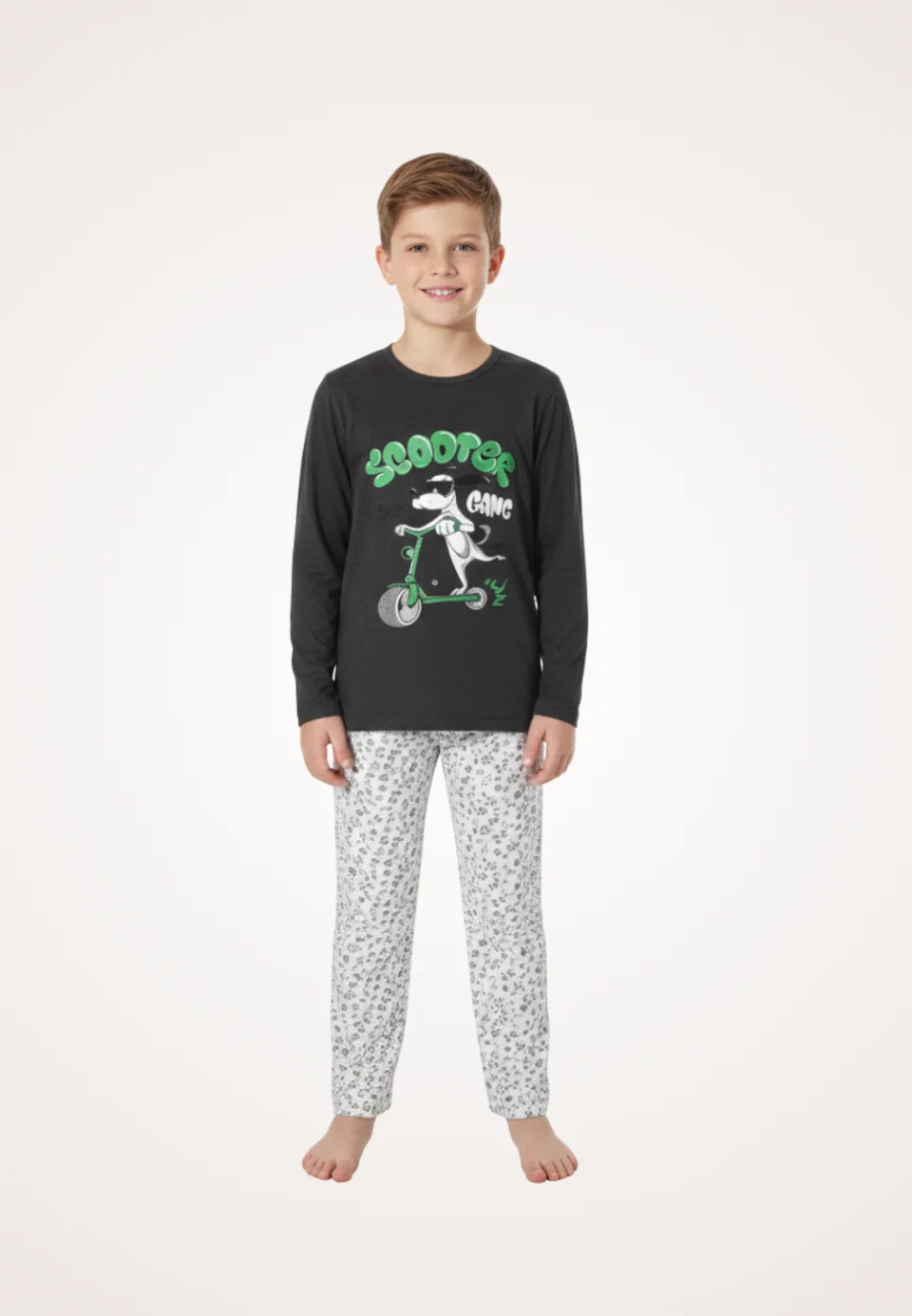 Pijama băieți cu mânecă lungă și pantaloni lungi, imprimeu Scooter, negru