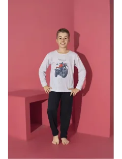 Pijama băieți cu mânecă lungă și pantaloni lungi, imprimeu motoretă, gri