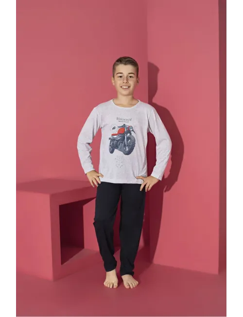 Pijama băieți cu mânecă lungă și pantaloni lungi, imprimeu motoretă, gri