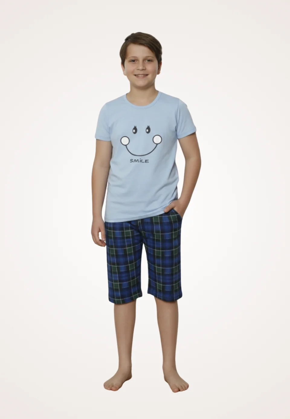 Pijama familie-copii, bumbac, mânecă scurtă și pantaloni 3/4, albastru